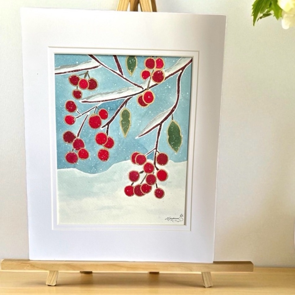 Hand-Made New Watercolor Art Winter Berries